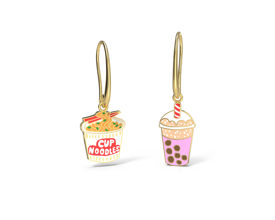 Cup of Noodles & Boba Earrings - Gold Junk Food Statement