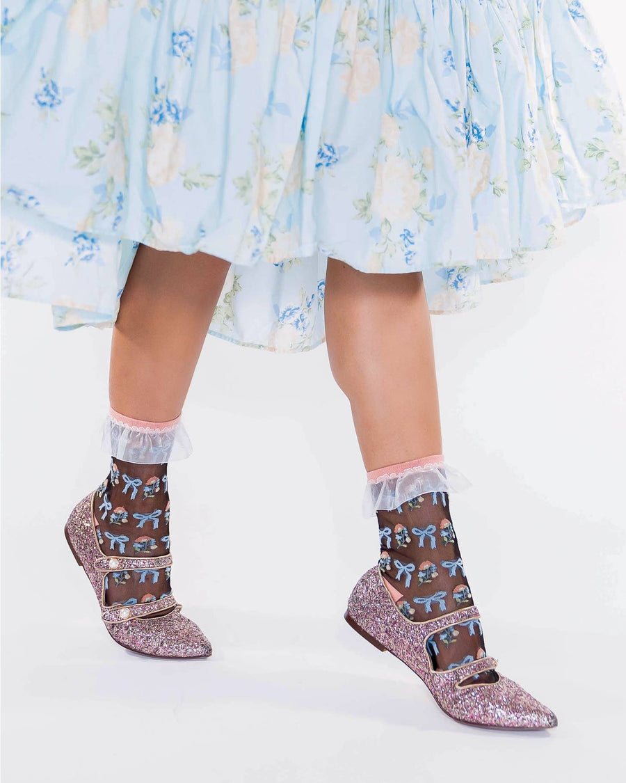 Floral Bow Ruffle Black Sheer Ankle Sock - U.S. Women's Size 5.5 - 10