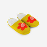 Flower Pom Slide Slippers in Golden Olive