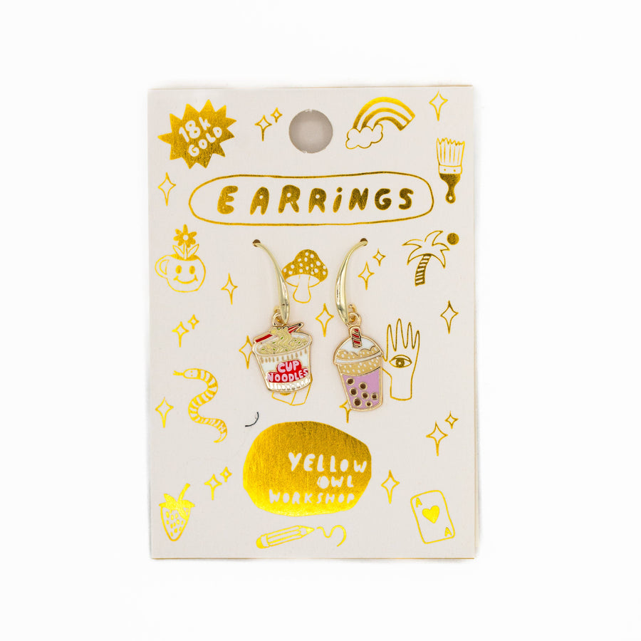 Cup Noodle & Boba Earrings - Gold Junk Food Statement