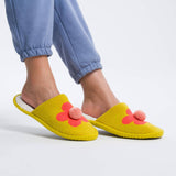 Flower Pom Slide Slippers in Golden Olive