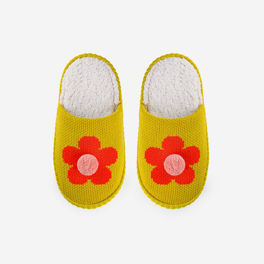 Flower Pom Slide Slippers in Golden Olive